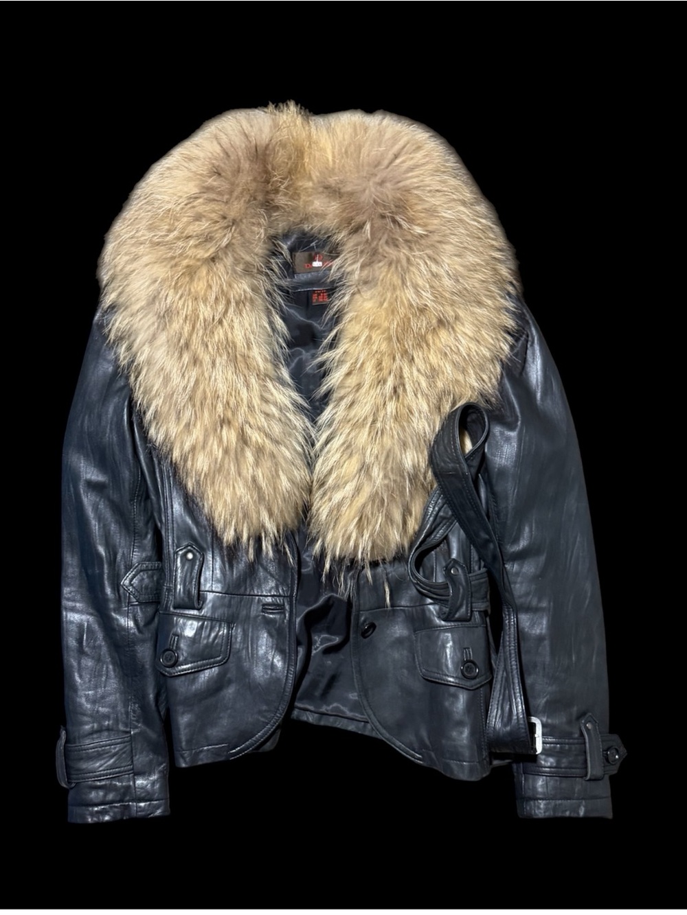 Black Danier Leather Jacket with Tan Fur Collar